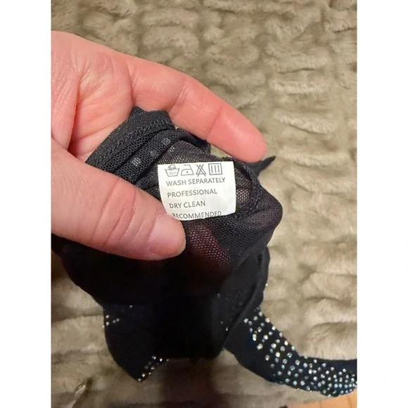 Rhinestone Mesh Bodysuit Black Long Sleeve Mock Neck Studded Crystal Top Large - Picture 4 of 5